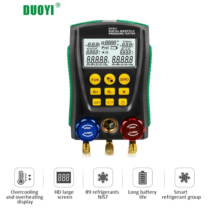 DUOYI DY517 Digital Manifold Meter Refrigeration Compression Gauge Digital Pressure Tonometer Vacuum Pressure Temperature Test